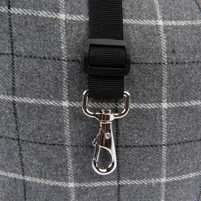 Close-up of a black strap with adjustable buckle and silver carabiner hook in front of grey fabric with check pattern.