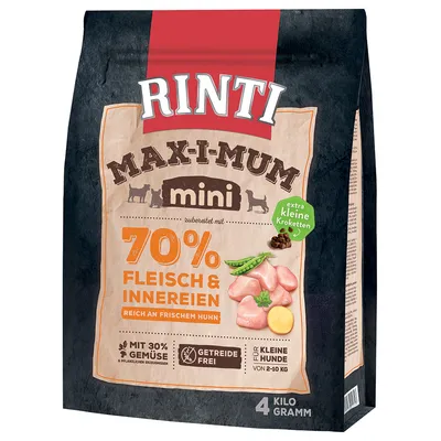 RINTI MAX-I-MUM mini, 70 % Fleisch & Innereien, reich an frischem Huhn, mit 30 % Gemüse, getreidefrei, für kleine Hunde von 2–10 kg, 4 Kilogramm, extra kleine Kroketten