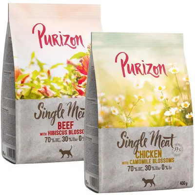 Purizon Single Meat suché krmivo pro kočky, varianty: hovězí s květy ibišku a kuřecí s květy heřmánku, 70 % masa, 30 % zeleniny, 0 % obilovin, balení 400 g.