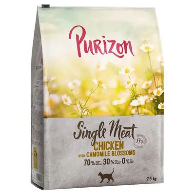 Purizon Single Meat Chicken z kwiatami rumianku, 70% składników premium, 30% owoców i warzyw, 0% zbóż. Wielkość opakowania: 2,5 kg.