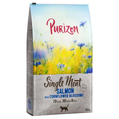 Purizon Single Meat сухой корм для кошек, лосось с васильком, 70% мясо, 30% овощи, 0% зерна, упаковка 6,5 кг.