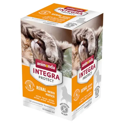 Opakowanie animonda INTEGRA PROTECT RENAL NIEREN MIXPACK, widoczny napis: bez zbóż, fosfor obniżony, smaki: kaczka, indyk, cielęcina, kurczak, wołowina, wieprzowina.