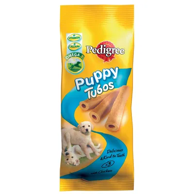 Puppy Tubos with chicken, contains vitamin, calcium and omega 3. Delicious and kind to teeth. Pack of 3 sticks shown on packaging.