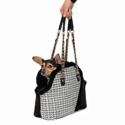 Draagtas met zwart-wit patroon en gouden kettinghengsels, hond zit erin. Hand houdt de tas vast.