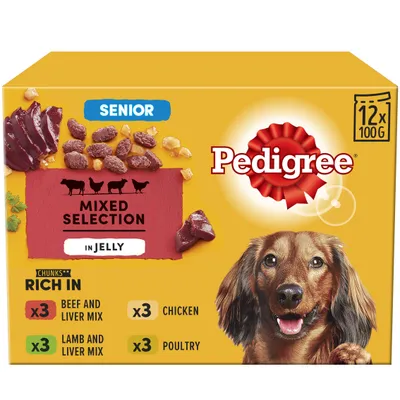 Pedigree senior mixed selection in jelly, 12 x 100g. Contains 3 beef and liver mix, 3 lamb and liver mix, 3 chicken, 3 poultry. Chunks rich in meat varieties.