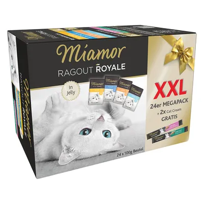Miamor Ragout Royale In Jelly XXL 24er MEGAPACK + 2x Cat Cream GRATIS, balení 24×100g kapsiček pro kočky, vyobrazené různé příchutě na obalu.