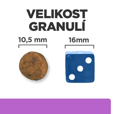 Porovnanie veľkosti granule 10,5 mm a kocky 16 mm s českým textom 'VELIKOST GRANULÍ' nad obrázkom.