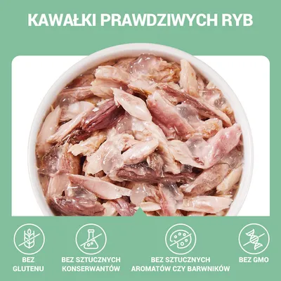 Kawałki prawdziwych ryb w misce. Bez glutenu, bez sztucznych konserwantów, bez sztucznych aromatów czy barwników, bez GMO – tekst widoczny na obrazku.