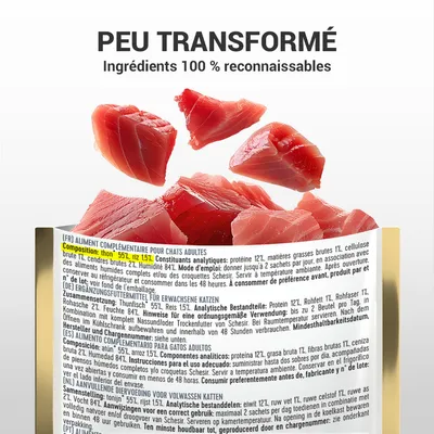 Texte visible : 'PEU TRANSFORMÉ Ingrédients 100 % reconnaissables'. Composition : thon 55 %, riz 15 %. Pour chats adultes. Protéine 12 %, matières grasses 1 %, humidité 84 %.