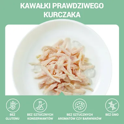 KAWAŁKI PRAWDZIWEGO KURCZAKA. Bez glutenu, bez sztucznych konserwantów, bez sztucznych aromatów czy barwników, bez GMO.