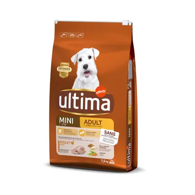 Zak Ultima Mini Adult hondenvoer, 7,5 kg. Voor honden van 1–10 kg en 1–8 jaar. Smaak: kip. Tekst: 'sans colorants conservateurs', afbeelding hond en ingrediënten zichtbaar.