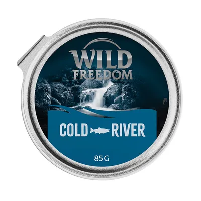 Wild Freedom Cold River, 85 g. Ronde metalen verpakking met watervalafbeelding en vispictogram. Productnaam en gewicht duidelijk zichtbaar op het deksel.