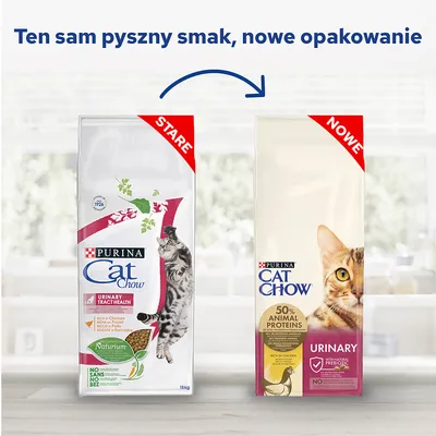 Porównanie starego i nowego opakowania karmy Purina Cat Chow Urinary. Widoczne napisy: 'STARE', 'NOWE', '50% animal proteins', 'urinary', 'rich in chicken'.