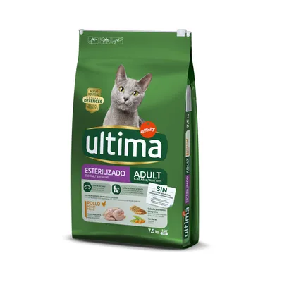 Saco de comida para gatos Ultima Affinity Esterilizado Adult 1–10 años, pollo, cebada y verduras. Texto visible: SIN colorantes ni azúcares añadidos. Peso: 7,5 kg.