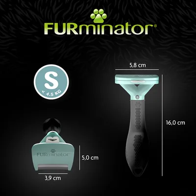 FURminator S < 4,5 kg, rozměry: šířka hlavy 3,9 cm, výška 5,0 cm, délka rukojeti 16,0 cm, šířka horní části 5,8 cm. Viditelné značky FURminator a S < 4,5 KG.