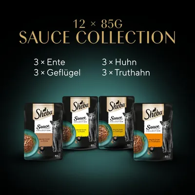 Sheba Sauce Collection 12 x 85g, 3 x Ente, 3 x Geflügel, 3 x Huhn, 3 x Truthahn. Quatre sachets visibles avec un chat et le nom du goût en allemand sur chaque emballage.