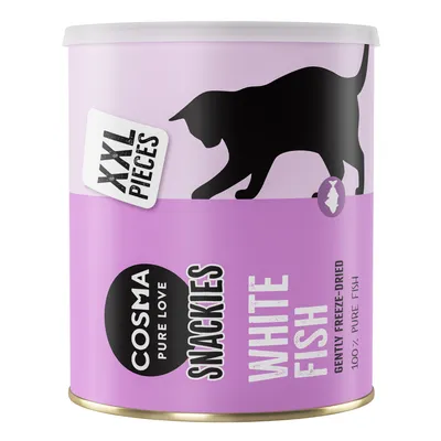 Cosma Pure Love Snackies White Fish, XXL-kokoiset palat, hellävaraisesti pakastekuivattu, 100 % puhdasta kalaa. Violetti pakkaus mustalla kissasiluetilla.