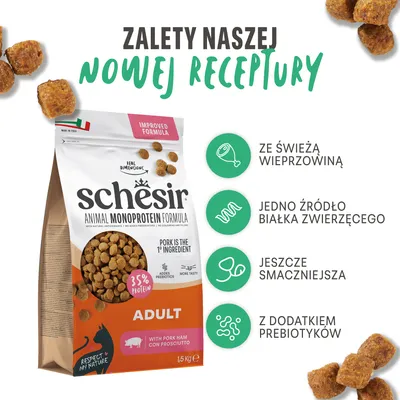 Schesir Animal Monoprotein Formula Adult z mięsem wieprzowym, 1,5 kg. Zawiera 35% białka oraz prebiotyki. Główny składnik: mięso wieprzowe. Opakowanie z ilustracją produktu. Schesir Animal Monoprotein Formula Adult z mięsem wieprzowym, 1,5 kg. Zawiera 35% białka oraz prebiotyki. Główny składnik: mięso wieprzowe. Opakowanie z ilustracją produktu.
