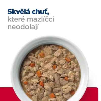 Text v češtine: Skvělá chuť, které mazlíčci neodolají. Miska s kúskami mäsa, mrkvou a ryžou vo šťave.