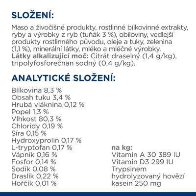 Zloženie: mäso, rastlinné bielkoviny, ryby (tuniak 3 %), obiloviny, oleje, zelenina, minerály, mlieko. Analytické zloženie: bielkovina 8,3 %, tuk 3,4 %, vláknina 0,12 %, vlhkosť 80,3 %.