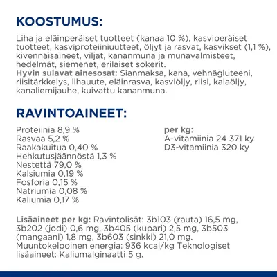 Koostumus: liha ja eläinperäiset tuotteet (kana 10 %), kasviproteiinit, öljyt, viljat, vihannekset. Ravintoaineet: proteiinia 8,9 %, rasvaa 5,2 %, vettä 79 %, A-vitamiinia 24 371 ky/kg.