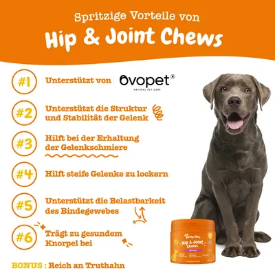 Besedilo v nemščini: Spritzige Vorteile von Hip & Joint Chews. 6 koristi za sklepe, podprto z ovopet. Bonus: Reich an Truthahn. Prikazano pakiranje Zesty Paws Hip & Joint Chews.