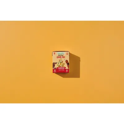 Box labelled 'Grain Free Chicken' with images of animals and vegetables, indicating grain-free chicken pet food. Key feature: grain free.