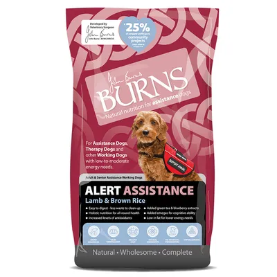 Burns Alert Assistance Lamb & Brown Rice food for assistance, therapy and working dogs with low to moderate energy needs. Features easy digestion, antioxidants, omegas, holistic nutrition.