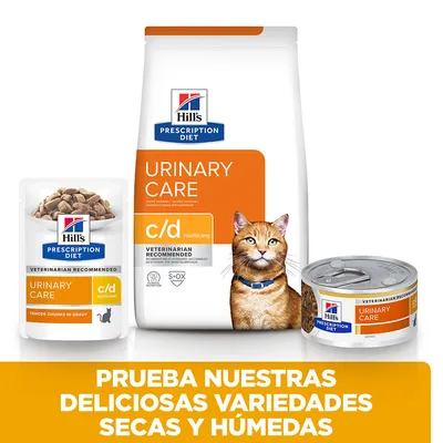 Hill's Prescription Diet Urinary Care c/d multicare para gatos, muestra envases de comida seca y húmeda. Texto: Prueba nuestras deliciosas variedades secas y húmedas.