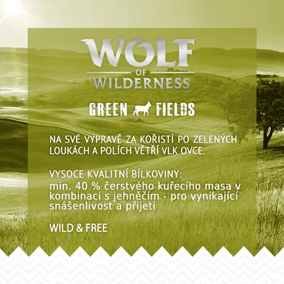 Wolf of Wilderness Green Fields. Vysoce kvalitní bílkoviny: min. 40 % čerstvého kuřecího masa v kombinaci s jehněčím – pro vynikající snášenlivost a přijetí.