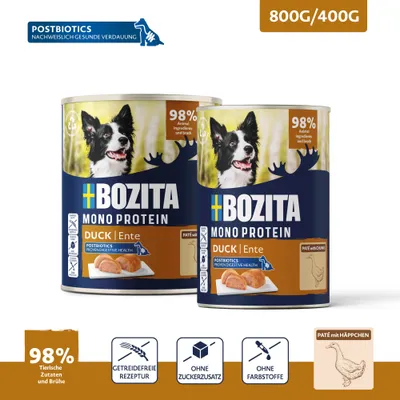 Bozita Mono Protein Eend, 98% dierlijke ingrediënten en bouillon, graanvrije receptuur, zonder toegevoegde suikers, zonder kleurstoffen, met postbiotica voor een gezonde spijsvertering, 800g/400g.