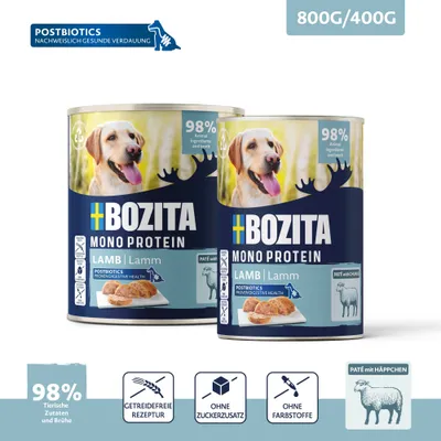 BOZITA Mono Protein Lam, 98% dierlijke ingrediënten en bouillon, graanvrije receptuur, zonder toegevoegde suikers, zonder kleurstoffen, met postbiotica voor een gezonde spijsvertering, paté met stukjes.