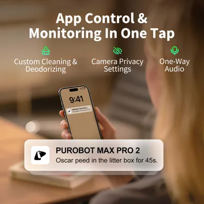App-Steuerung und Überwachung mit einem Tipp: Individuelle Reinigung, Kamera-Datenschutz, Einweg-Audio. Benachrichtigung von PUROBOT MAX PRO 2 über Aktivität in der Katzentoilette. App-Steuerung und Überwachung mit einem Tipp: Individuelle Reinigung, Kamera-Datenschutz, Einweg-Audio. Benachrichtigung von PUROBOT MAX PRO 2 über Aktivität in der Katzentoilette.