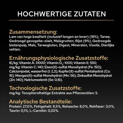 Zusammensetzung, ernährungsphysiologische und technologische Zusatzstoffe sowie analytische Bestandteile mit genauen Werten für Protein, Fett, Rohasche, Rohfaser, Taurin und L-Carnitin. Zusammensetzung, ernährungsphysiologische und technologische Zusatzstoffe sowie analytische Bestandteile mit genauen Werten für Protein, Fett, Rohasche, Rohfaser, Taurin und L-Carnitin.