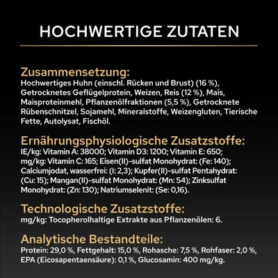 Zusammensetzung: Huhn, Geflügelprotein, Weizen, Reis, Mais, Pflanzenöl, Rübenschnitzel, Sojamehl. Zusatzstoffe: Vitamine, Mineralien. Analytische Bestandteile: Protein 29%, Fett 15%. Zusammensetzung: Huhn, Geflügelprotein, Weizen, Reis, Mais, Pflanzenöl, Rübenschnitzel, Sojamehl. Zusatzstoffe: Vitamine, Mineralien. Analytische Bestandteile: Protein 29%, Fett 15%.