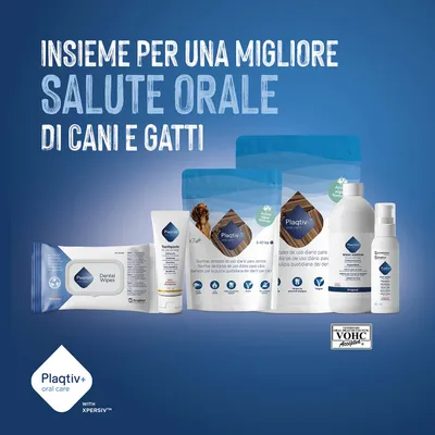 Prodotti Plaqitv+ oral care per cani e gatti, salviette dental, dentifricio, additivo per l'acqua e snack da masticare. Testo: Per una migliore salute orale di cani e gatti. Prodotti Plaqitv+ oral care per cani e gatti, salviette dental, dentifricio, additivo per l'acqua e snack da masticare. Testo: Per una migliore salute orale di cani e gatti.