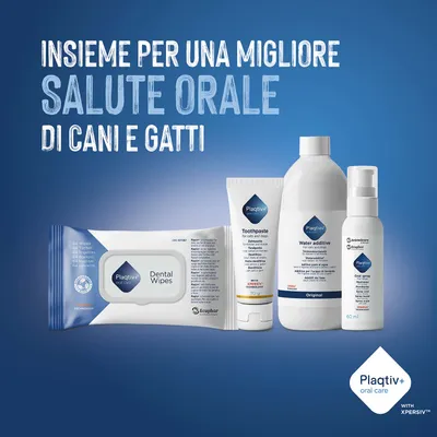 Plaqtiv+ Salviette dental, dentifricio, additivo per l'acqua e spray orale per cani e gatti. Per una migliore salute orale secondo il testo dell'immagine. Plaqtiv+ Salviette dental, dentifricio, additivo per l'acqua e spray orale per cani e gatti. Per una migliore salute orale secondo il testo dell'immagine.