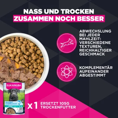 Nass und Trocken zusammen noch besser. Abwechslung bei jeder Mahlzeit: verschiedene Texturen, reichhaltiger Geschmack. Komplementär aufeinander abgestimmt. 1 Dose ersetzt 105g Trockenfutter.
