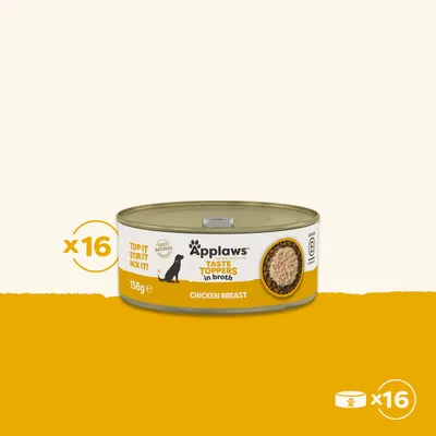 Applaws Taste Toppers in broth, Chicken Breast, 156g Dose, 100% natural, x16 Packung. Text: Top it, Stir it, Mix it! Applaws Taste Toppers in broth, Chicken Breast, 156g Dose, 100% natural, x16 Packung. Text: Top it, Stir it, Mix it!