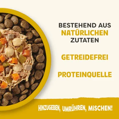 Bestehend aus natürlichen Zutaten, getreidefrei, Proteinquelle. Hinzugeben, umrühren, mischen!