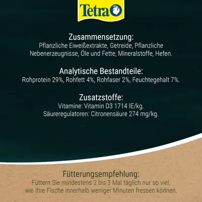 Tetra Zusammensetzung: Pflanzliche Eiweißextrakte, Getreide, Öle und Fette, Mineralstoffe. Rohprotein 29%, Rohfett 4%, Vitamin D3 1714 IE/kg. Fütterungsempfehlung: 2-3 Mal täglich. Tetra Zusammensetzung: Pflanzliche Eiweißextrakte, Getreide, Öle und Fette, Mineralstoffe. Rohprotein 29%, Rohfett 4%, Vitamin D3 1714 IE/kg. Fütterungsempfehlung: 2-3 Mal täglich.