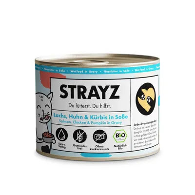STRAYZ Lax, kyckling & pumpa i sås. Extra saftigt, spannmålsfritt, utan tillsatt socker, naturligt ekologiskt. Varje produkt bidrar till djur i nöd. STRAYZ Lax, kyckling & pumpa i sås. Extra saftigt, spannmålsfritt, utan tillsatt socker, naturligt ekologiskt. Varje produkt bidrar till djur i nöd.