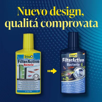 Tetra FilterActive Batteri Flacone nel vecchio e nel nuovo design. Testo: Nuovo design, qualità comprovata.