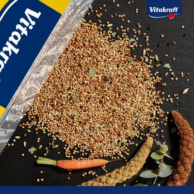 Vitakraft Futtermischung mit verschiedenen Körnern, einer Karotte, Hirse und Blättern. Vitakraft-Logo sichtbar auf der Verpackung. Vitakraft Futtermischung mit verschiedenen Körnern, einer Karotte, Hirse und Blättern. Vitakraft-Logo sichtbar auf der Verpackung.