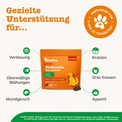 Zesty Paws Probiotika Kau-Snacks, gezielte Unterstützung für Verdauung, übermäßige Blähungen, Mundgeruch, Kratzen, Gras fressen, Appetit. Empfohlen von 9 von 10 Tierärzten. Zesty Paws Probiotika Kau-Snacks, gezielte Unterstützung für Verdauung, übermäßige Blähungen, Mundgeruch, Kratzen, Gras fressen, Appetit. Empfohlen von 9 von 10 Tierärzten.