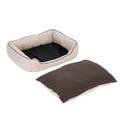 Cama rectangular para mascotas en tela beige con borde acolchado y cojín extraíble marrón. Ambos elementos visibles separados.