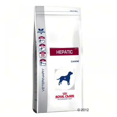 Royal Canin Veterinary Diet Hepatic Canine, napis HEPATIC, simbol psa, oznake: zmanjšana vsebnost bakra, povečana energijska vrednost. Besedilo v angleščini.