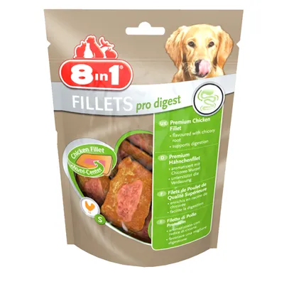 8in1 FILLETS pro digest, Chicken Fillet Nutri-Center, premium kipfilet met cichoreiwortel, ondersteunt de spijsvertering. Verpakking toont hond en productnaam.