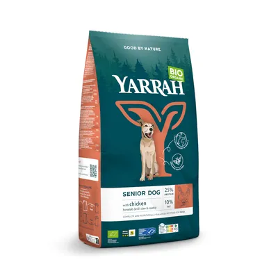 Yarrah Bio Organic ração seca para cães seniores com frango, 25% proteína, 10% gordura. Contém cavalinha, garra-do-diabo e rosa mosqueta. Certificado biológico e equilibrado para cães idosos.