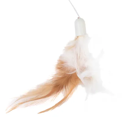 Giocattolo con piume bianche e marroni, fissato a un corpo in plastica bianca.